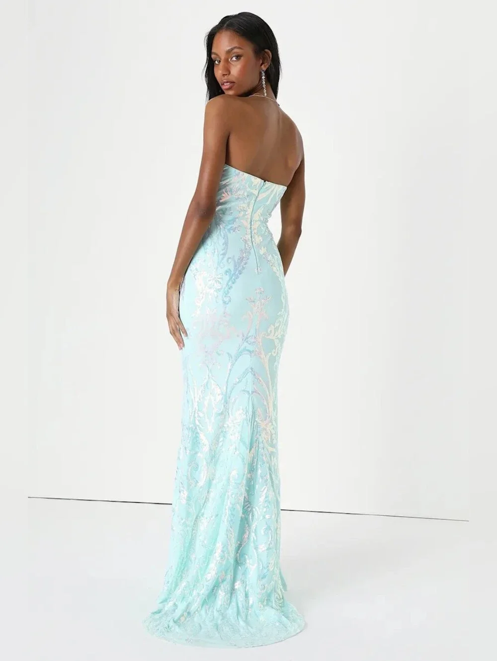Lulus Made to Stun Light Blue Sequin Strapless Mermaid Maxi Dress XL Wedding - Picture 5 of 11